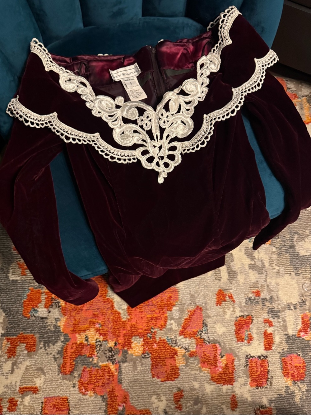 Insane Designer Whimsigoth Velvet Lace 1990’s Burgundy Deadstock Velvet Dress ♥️ - Picture 6 of 15